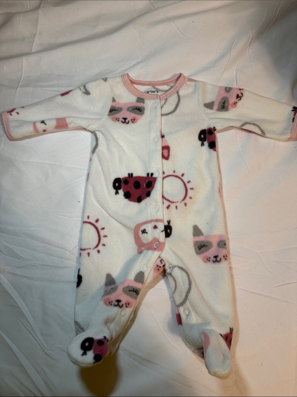 Carter's White Fleece Footed One-Piece with Pink & Gray Animal Print